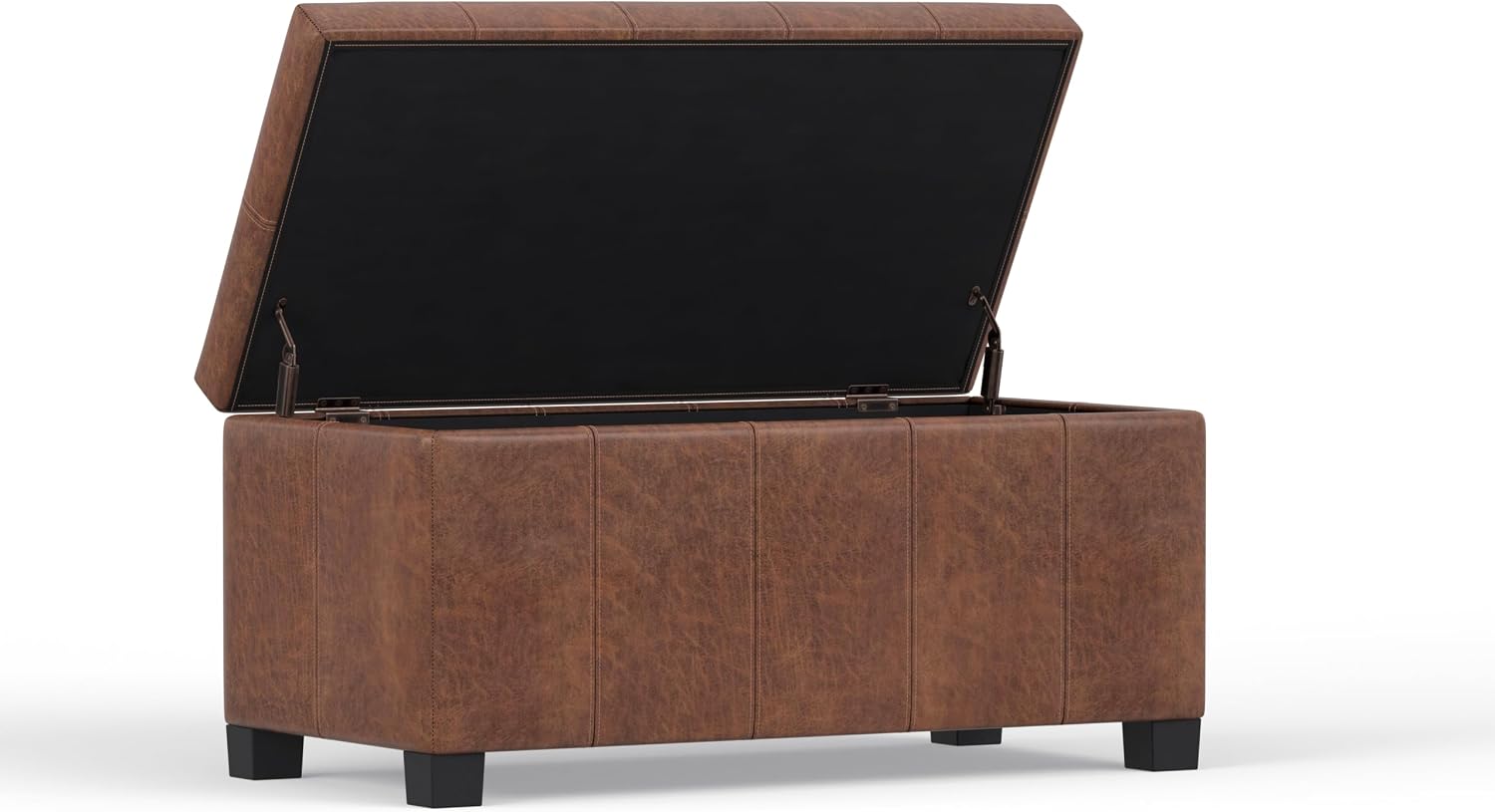 SIMPLIHOME Dover Storage Ottoman Bench - 36 inch Wide Upholstered Vegan Leather Rectangular Lift-Top Ottoman in Distressed Umber Brown, Contemporary Bench for Living Room with Safety Hinges