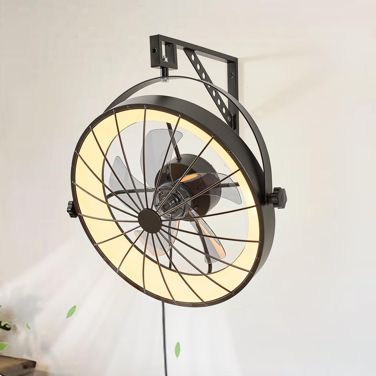 Wall Mount Fan with Remote App Control, 20' Quiet Wall Mounted Fans with Light, 3 Color Dimmable, 360° Adjustable Tilt Plug in Ceiling Fan Indoor Wall Hanging Fan for Garage, Home, Patio