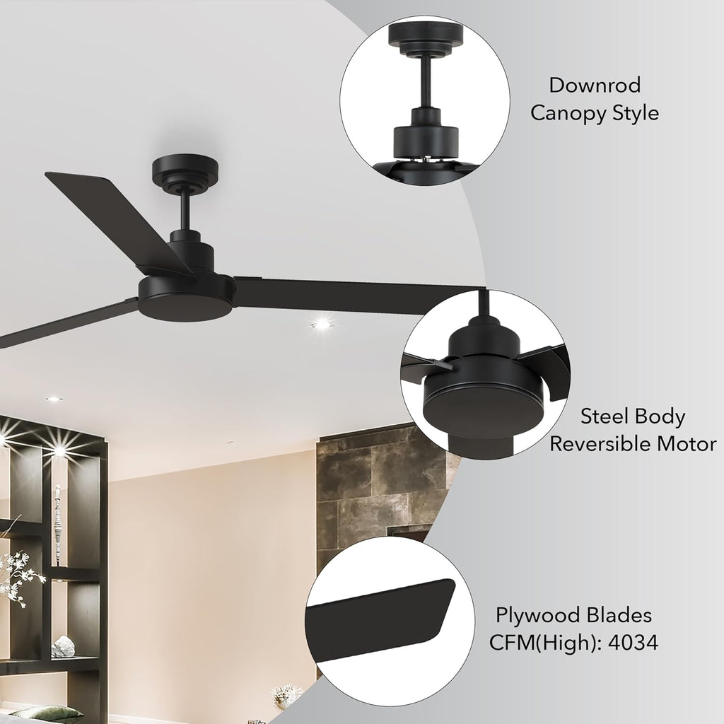 Monte Carlo Fans Jovie 3 Blade Ceiling Fan in Modern Style 58 Inch Wide 14.7 Inch Tall Midnight Black Finish with LED