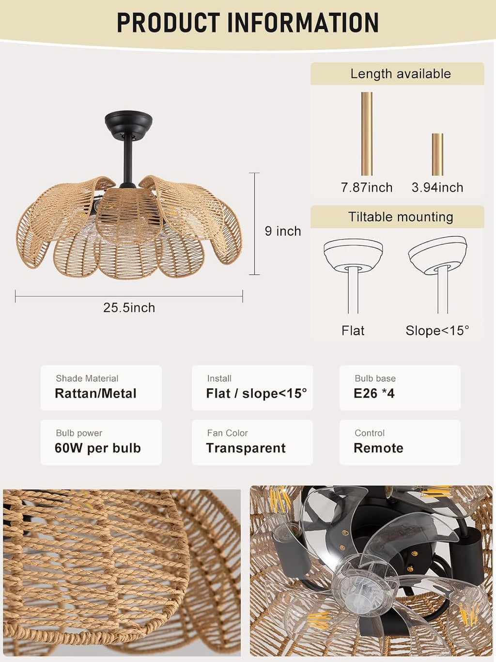 Boho Ceiling Fan with Light, Rattan Fandelier Ceiling Fan with Light and Remote Control, Flower Chandelier Fan for Bedroom, Living Room,Kitchen,Foyer(26 Inch, 6 Speed, Timing Adjustable Height)