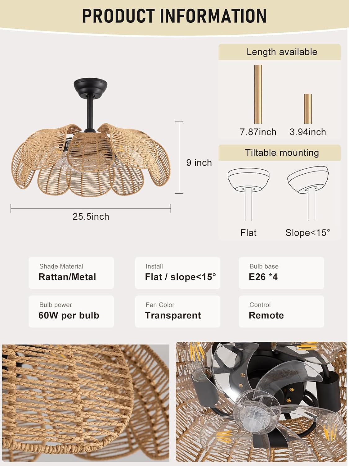 Boho Ceiling Fan with Light, Rattan Fandelier Ceiling Fan with Light and Remote Control, Flower Chandelier Fan for Bedroom, Living Room,Kitchen,Foyer(26 Inch, 6 Speed, Timing Adjustable Height)