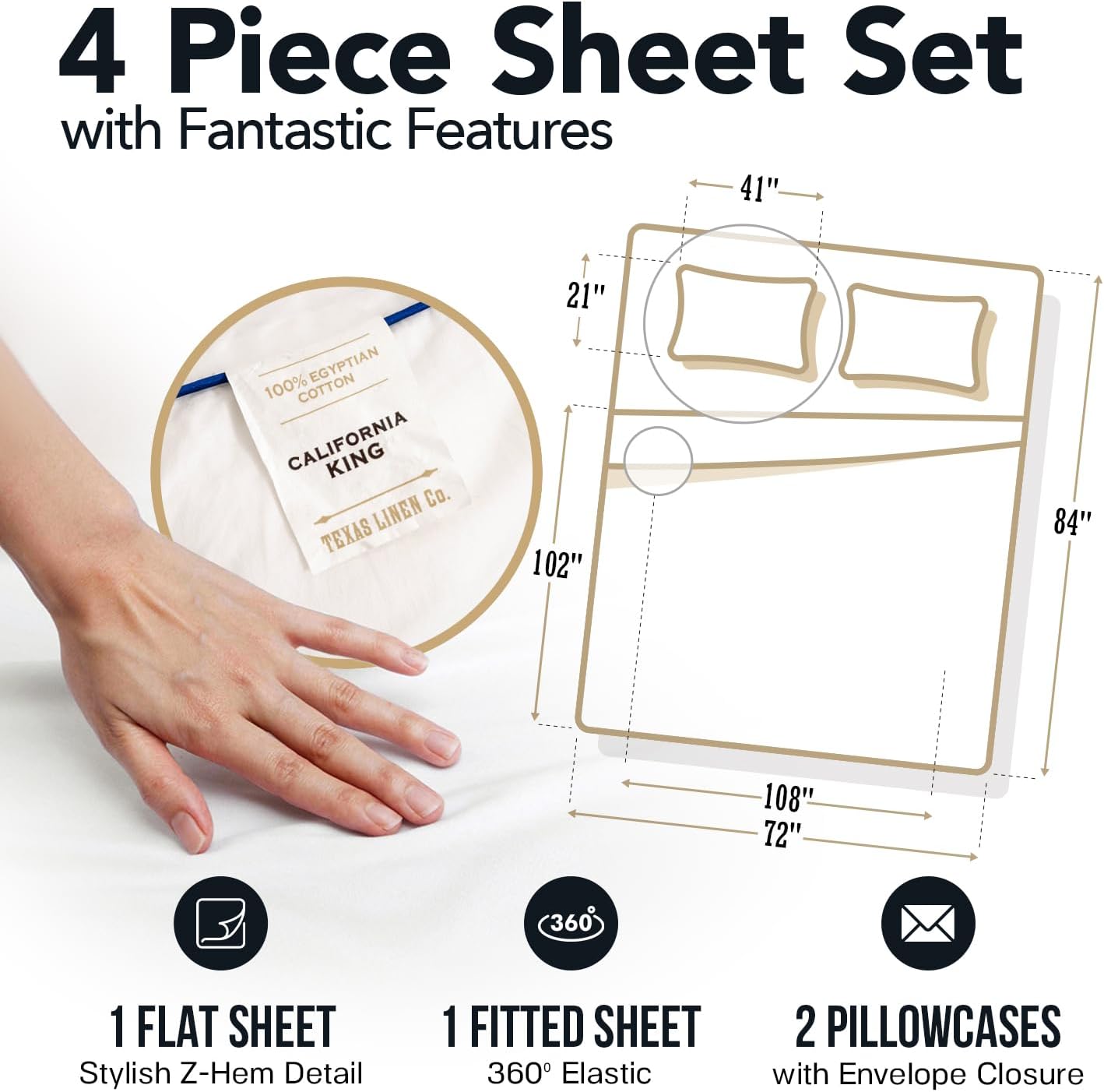 TEXAS LINEN CO. 100% Egyptian Cotton Sheets California King Size - Luxury 1500 Series Couture Comfortin' Damask Cal King Sheet Set Egyptian Cotton, (4 PC, White Stripe), 17' Deep Pocket Bedsheet Set