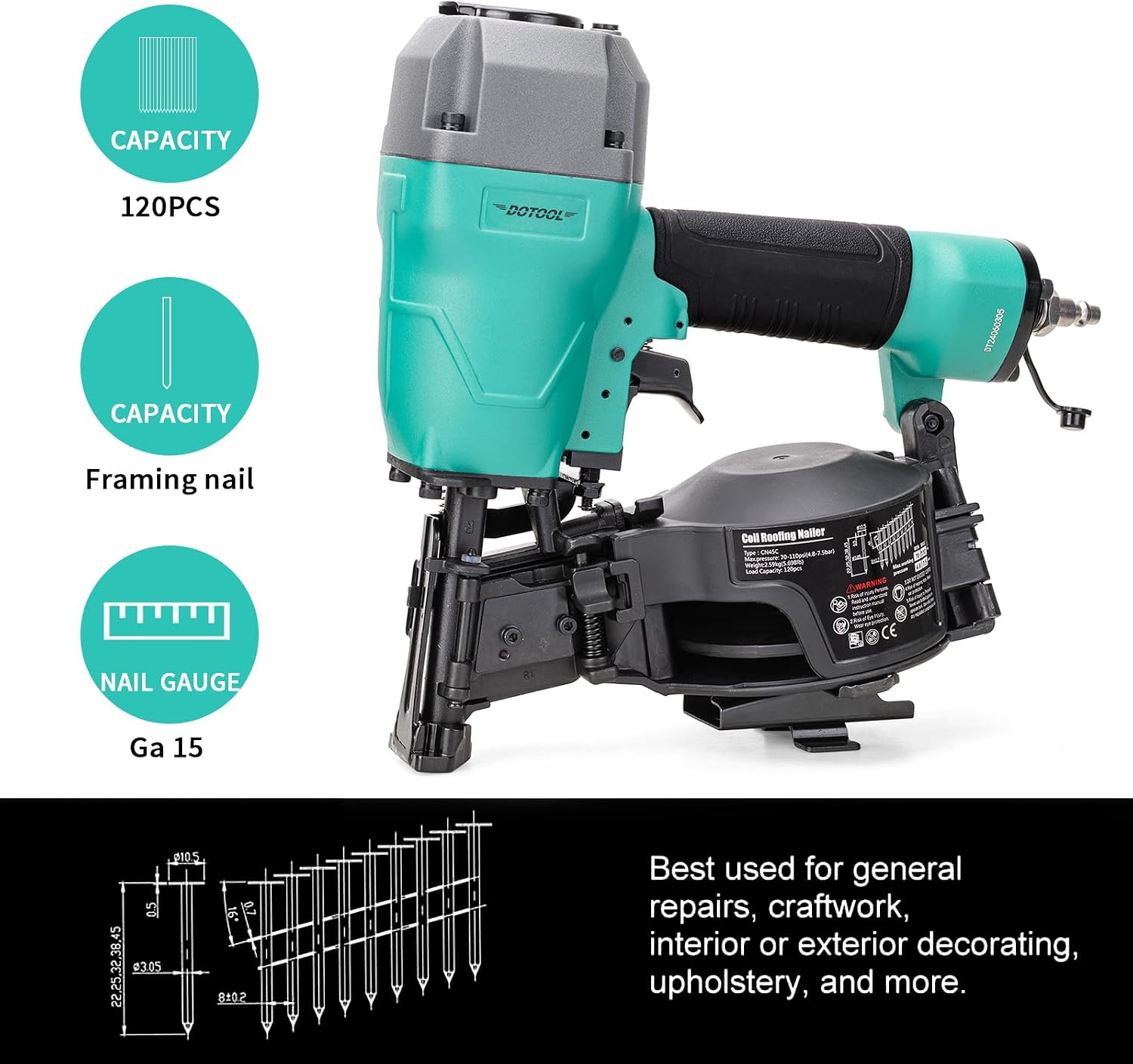 DOTOOL Roofing Nailer CN45C 15 Degree 3/4-Inch to 1-3/4-Inch Roofing Nail Gun Pneumatic Coil Nailer 120 pcs Load Capacity