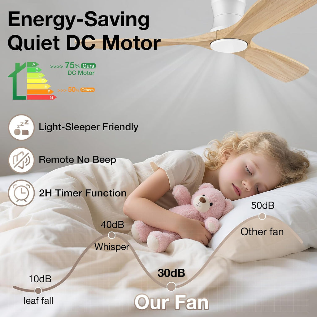 52' Wood Ceiling Fans with Lights Remote,Low Profile Flush Mount Ceiling Fan with Light,Outdoor Indoor Modern Ceiling fans for Bedroom Living room Patio,Light Wood&White,3 Blades,Dimmable LED,Quiet