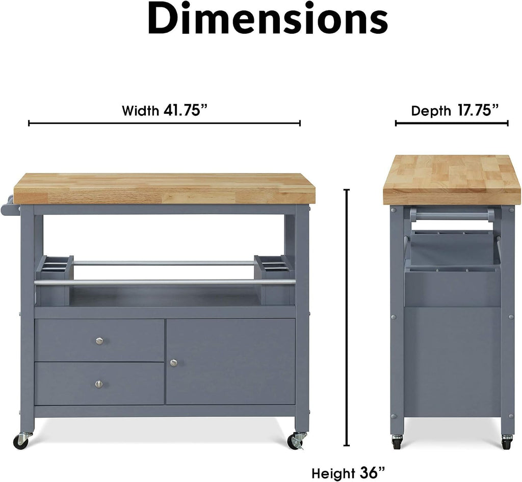 ClickDecor Anson Kitchen Island Bar Cart with Storage, Butcher Block Table, Rolling Wheels and Portable Cabinet Organization for Home Apartment Essentials, Gray
