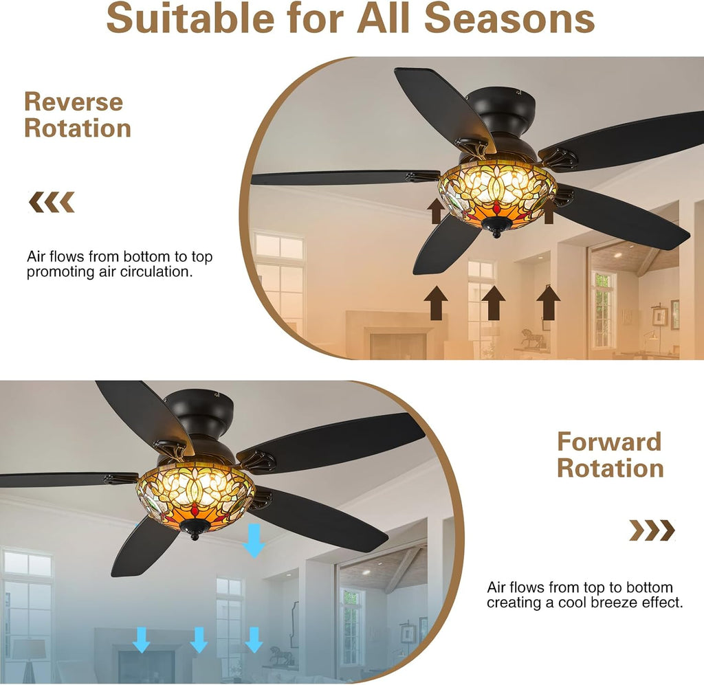 Tiffany Ceiling Fans with Lights - 48' Ceiling Fan Chandelier with 5 Dual-Blades and Glass Shade, 6 Speeds and Reversible, Indoor and Outdoor, Retro Style