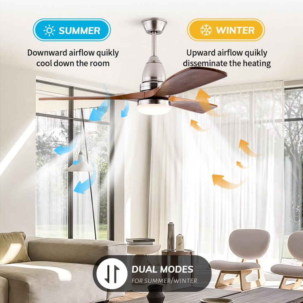 Solid Wood Ceiling Fan with Lights Modern Indoor Outdoor Ceiling Fan with Remote Control 6 Speed Quiet Reversible DC Motor 3 Color LED Light 3 Blade Walnut Ceiling Fan for Patio Living Room (52inch)