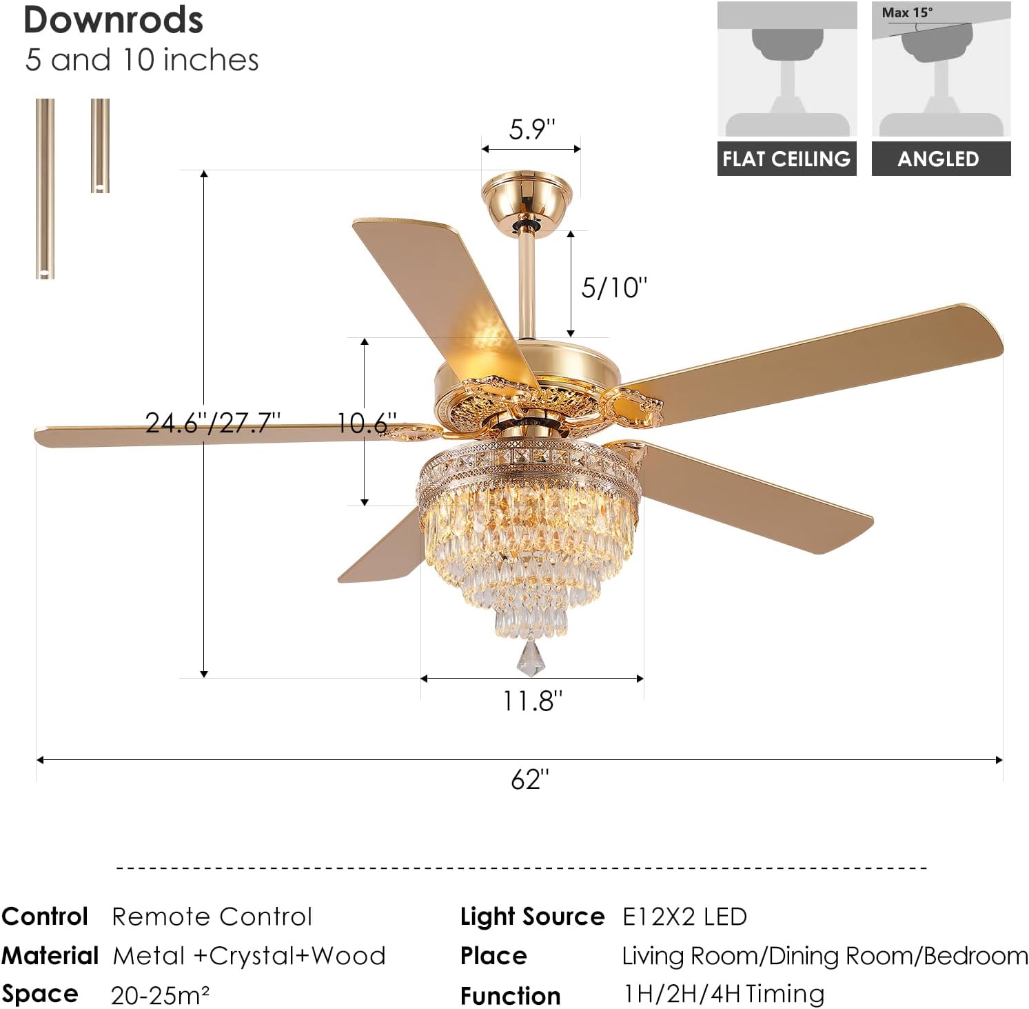 Asyko 62' Golden Crystal Ceiling Fan Fandelier with Lights - Modern Chandelier Fans with Remote Control，Noiseless DC Motor, Retro/Farmhouse Lighting, Dining Room,Living Room