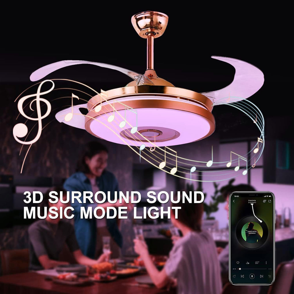 42' Modern Smart Bluetooth Ceiling Fans with Lights and Remote Control, Rose Gold Retractable Chandelier Fan Lighting with Speaker Play Music 7 Colorful Dimmable Fixture for Living Room