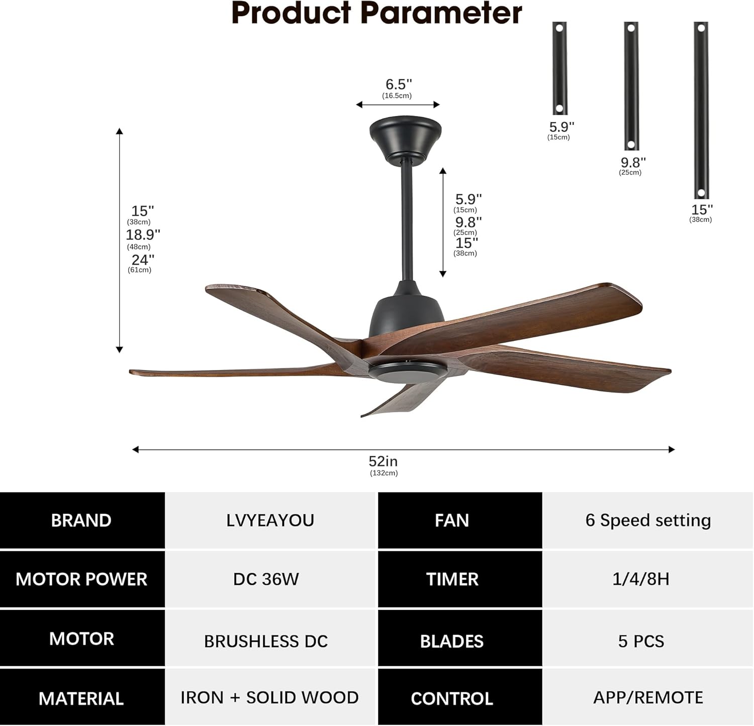 52 Inch Solid Wood Ceiling Fan No Lights, Remote and APP Control, DC Motor, 6-speed Reversible, for Bedroom, Living Room, Office, Dark Walnut