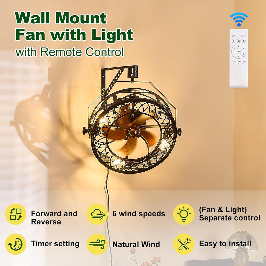20' Wall Mount Fan with Lights, Wall Mounted Fan with Remote, 360° Adjustable Tilt Plug In Wall Fan, Indoor Industrial Fan Wall Mount for Garage, Bedroom, Workshop, Warehouse