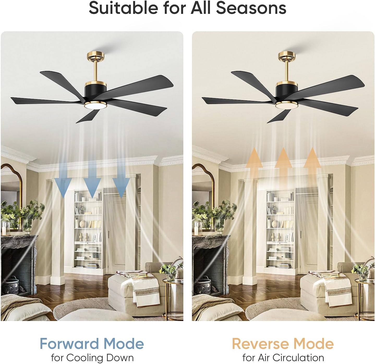 TXCSLY 52'' Ceiling Fans with Lights, Modern Ceiling Fan with Remote Control, Indoor Outdoor Ceiling Fan for Living Room, Bedroom, 5 Blade, 3 Color Temperature, Dimmable (Black & Gold)