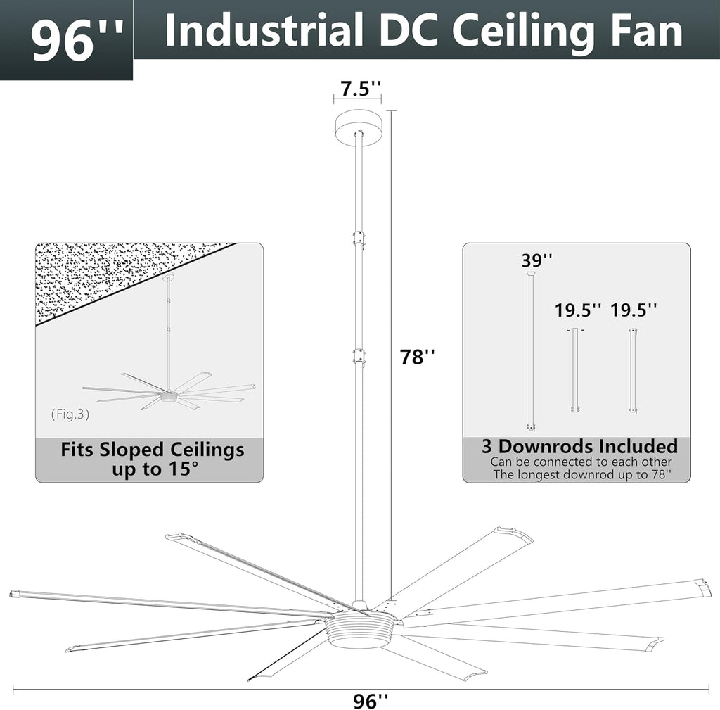 Ohniyou 96'' Industrial Ceiling Fan No Light - High CFM Large Metal Fan with 8 Aluminum Blades, Remote/APP Controlled, DC Motor, for Shop, Warehouse, Gym, Black