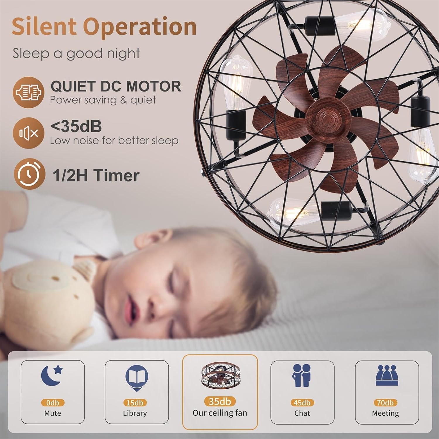24' Farmhouse Flush Mount Caged Ceiling Fans with Lights, Rustic Low Profile Ceiling Fan with Light and Remote, Quiet Reversible DC Motor Bladeless Enclosed Ceiling Fan for Bedroom Dining Room Kitchen