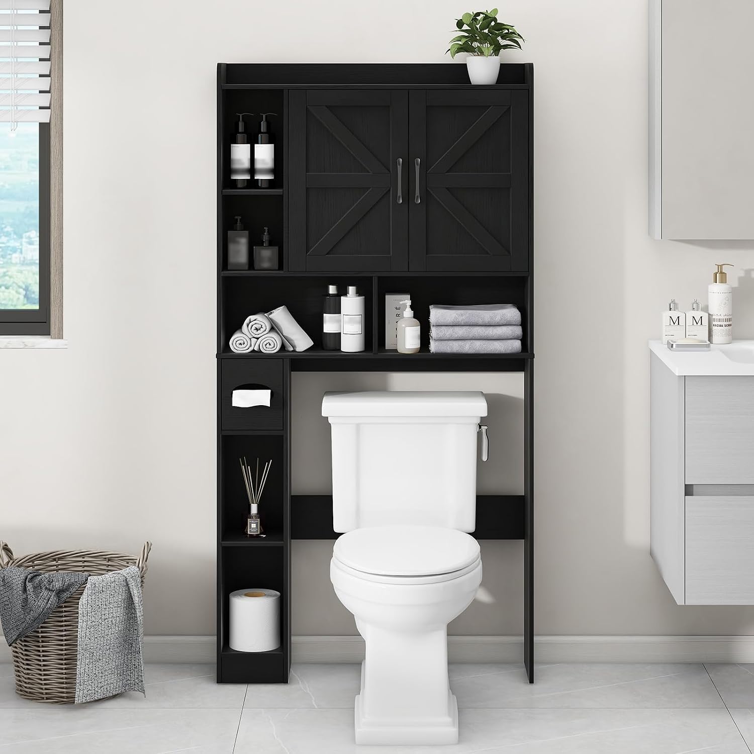 Vabches Over The Toilet Storage Cabinet, Farmhouse Storage Cabinet Over Toilet with 2 Barn Door & Toilet Paper Holder Stand, Home Space-Saving Toilet Rack, for Bathroom, Restroom (Black)