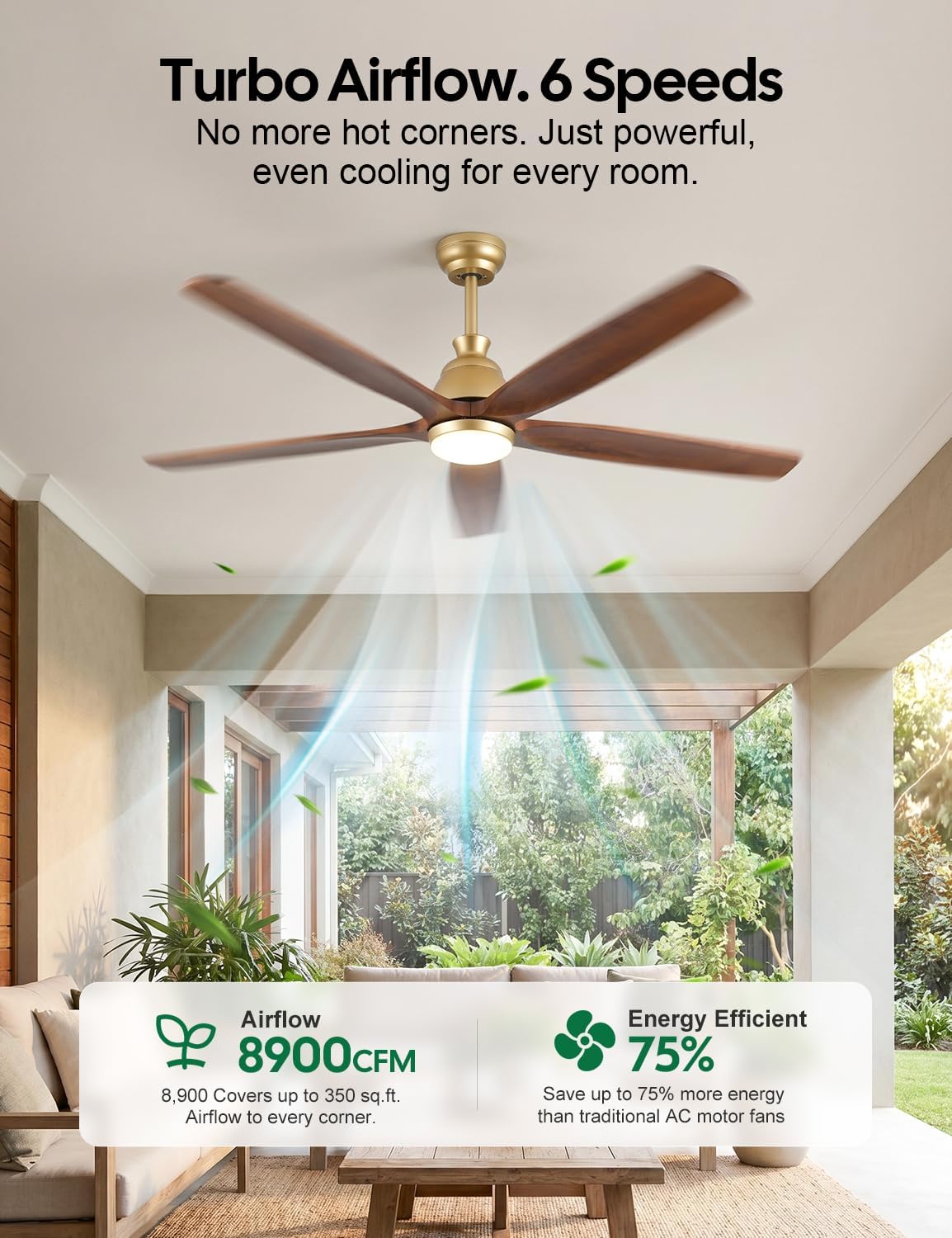 60 Inch Outdoor Ceiling Fan with Lights, Gold Brass Finish, 5 Solid Walnut Wood Blades, High CFM Quiet DC Motor, Modern Farmhouse Ceiling Fans, DampRated for Covered Patio Porch Gazebo Indoor Exterior