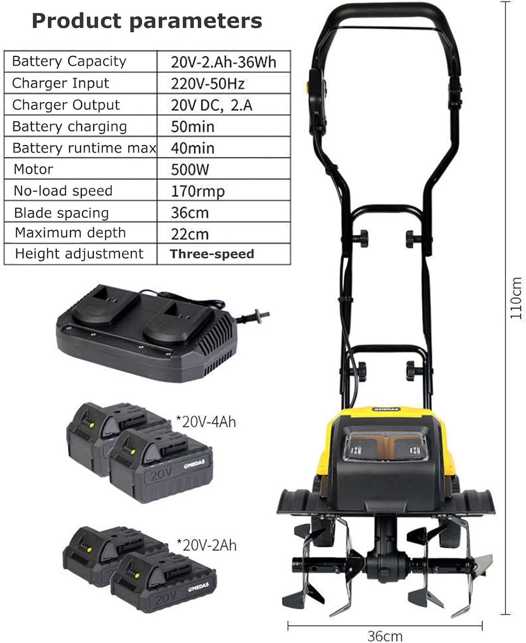 1500W Electric Tiller,Garden Soil Cultivator Rotavator,Foldable Handle, 36cm Tilling Width & 22cm Tilling Depth(2AH)