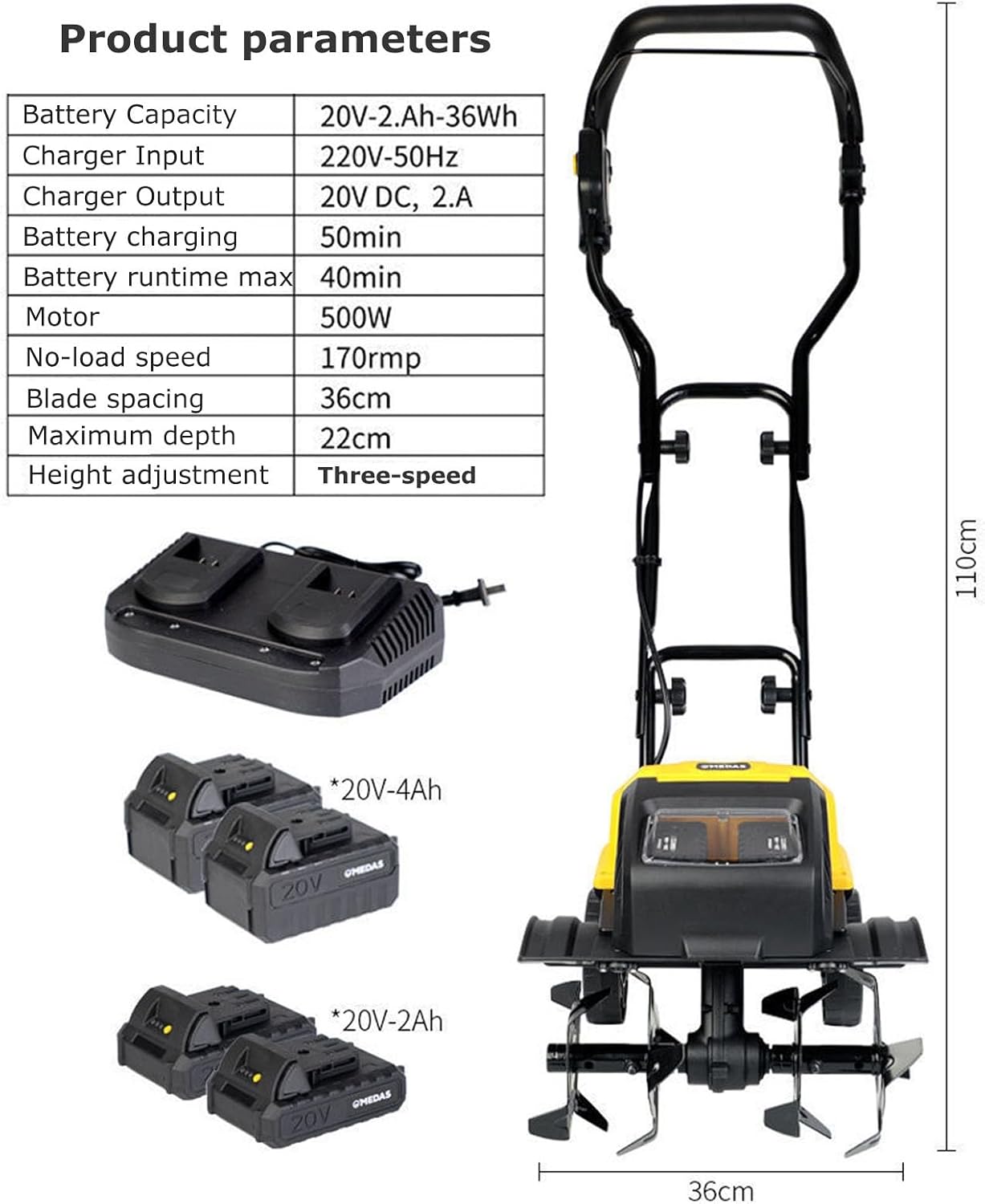 1500W Electric Tiller,Garden Soil Cultivator Rotavator,Foldable Handle, 36cm Tilling Width & 22cm Tilling Depth(2AH)
