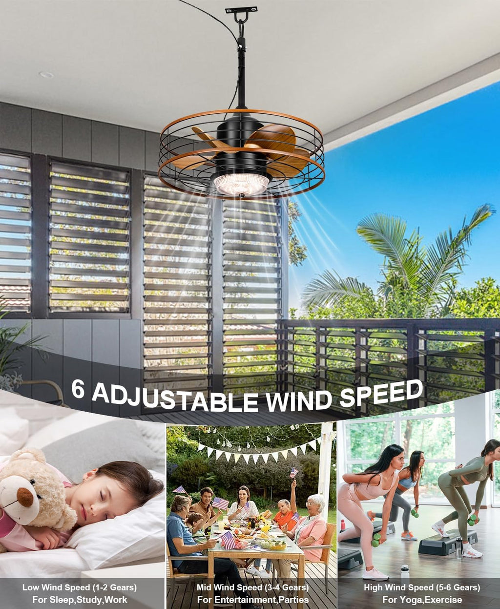 Outdoor Waterproof Caged Ceiling Fan with 3 Color LED Light, App/Remote Control, Quiet DC Motor, Plug-in Cord Hook Installation,Gazebo Ceiling Fan with Light for Patios, Pergola, Canopy