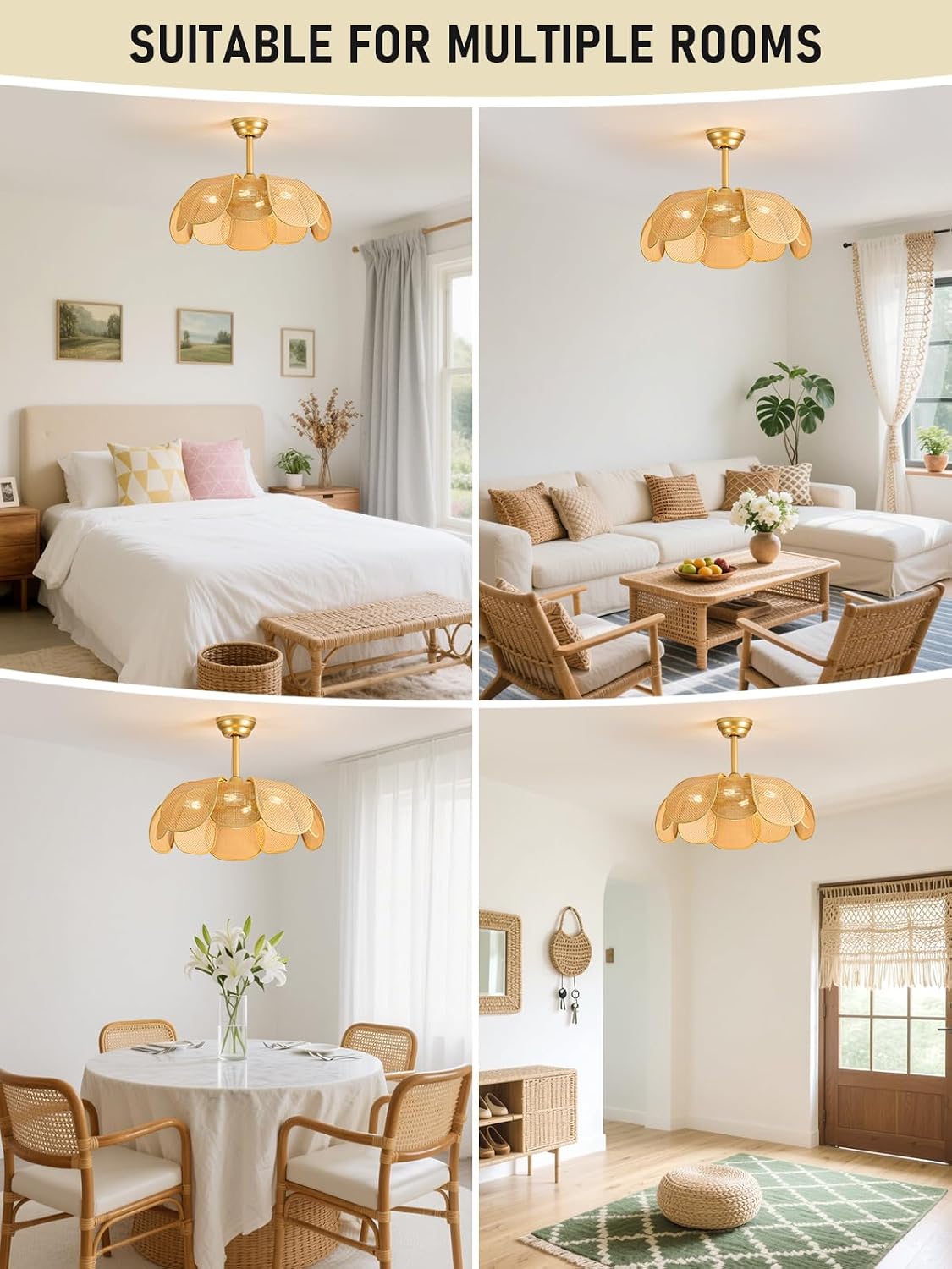 Rattan fandelier Ceiling Fan with Light Boho Ceiling Fans with Lights and Remote Gold Chandelier Fan for Bedroom, Living Room,Kitchen,Foyer(26 Inch,6 Speed, Timing Adjustable Height Flower)