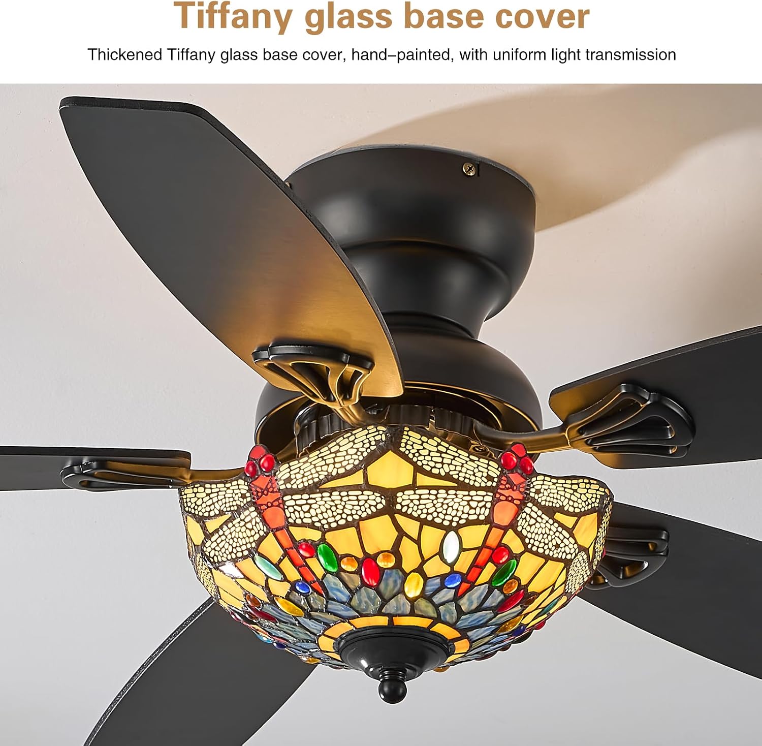 Tiffany Ceiling Fans with Lights - 48' Ceiling Fan Chandelier with 5 Dual-Blades and Glass Shade, 6 Speeds and Reversible, Indoor and Outdoor, Retro Style