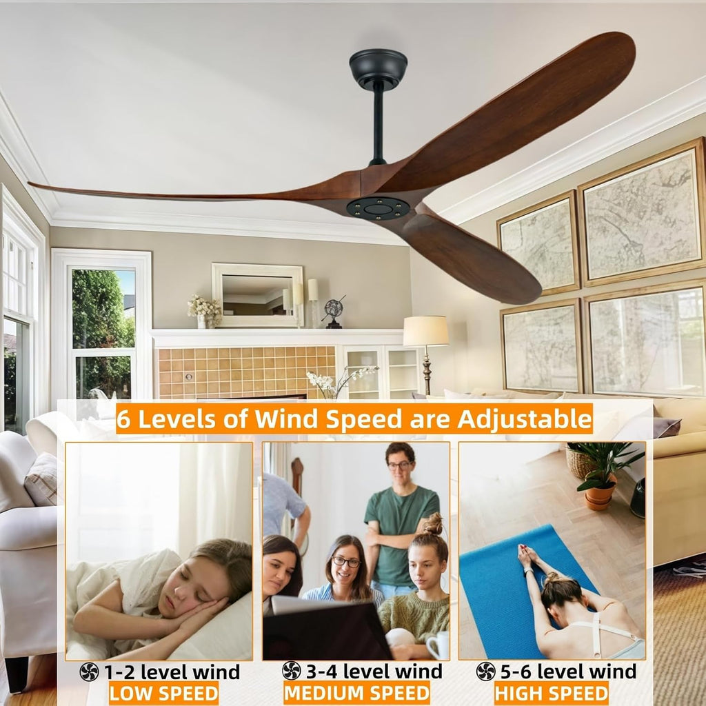 72 inch Ceiling Fan Without Light, 3 Solid Wood Blades and Remote Control, Modern Ceiling Fan No Light, Suitable for Terrace, Living Room, Farmhouse,Dining Room, Bedroom