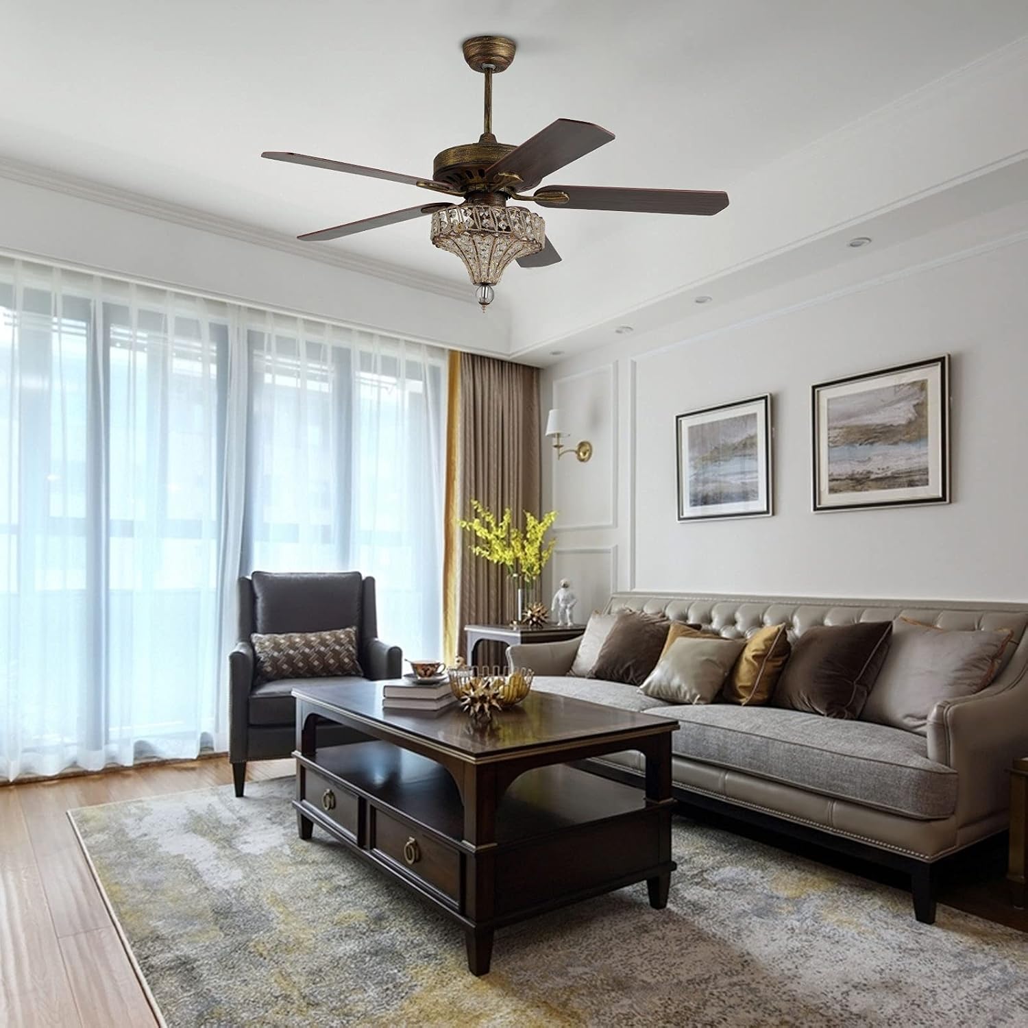 52 Inch Crystal Ceiling Fan, 3-Light Rustic Bronze Ceiling Fan with Lights, Reversible Retro 5 Wood Blades 3 Speeds Timer Light Fixture w/Remote for Kitchen Bedroom Living Room