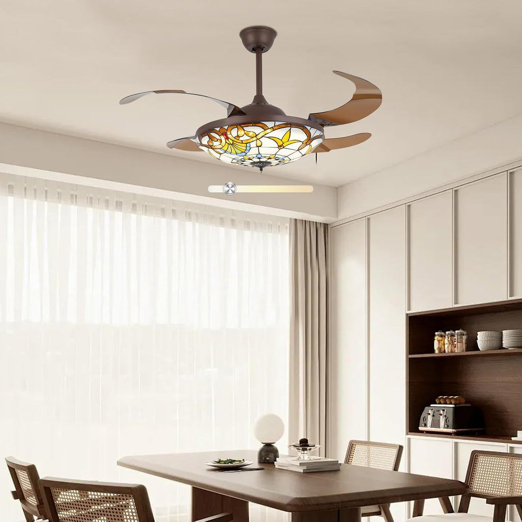 Retro 3 Color Ceiling Fan 3 Gear Wind Lights Ceiling Fan Chandelier with Remote Control, Flush Mount Ceiling Fan Lighting Fixture for Bedroom Store Office Loft-US Stock