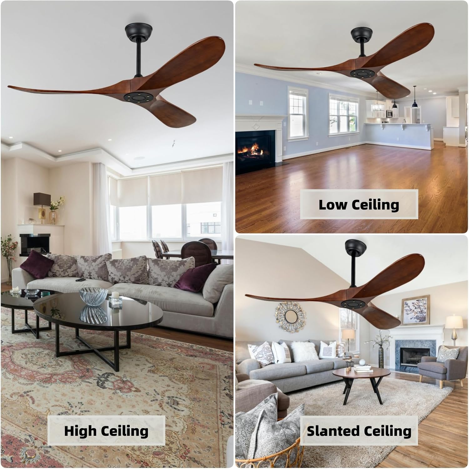 60 inch modern style ceiling fan with remote control, unlit outdoor large ceiling fan, silent dc motor for large living room, dining room, porch, farmhouse(Dark Walnut, 60 inch)