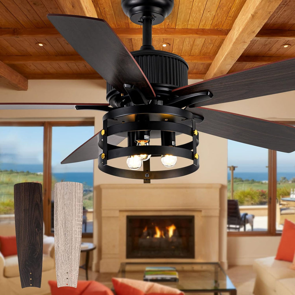 Farmhouse Rustic Ceiling Fans With Lights and Remote, Outdoor Ceiling Fan For Patios With Light, 52 In Flush Mount Ceiling Fan 5 Blade Dual Finish, Reversible DC Quiet Motor for indoor/outdoor