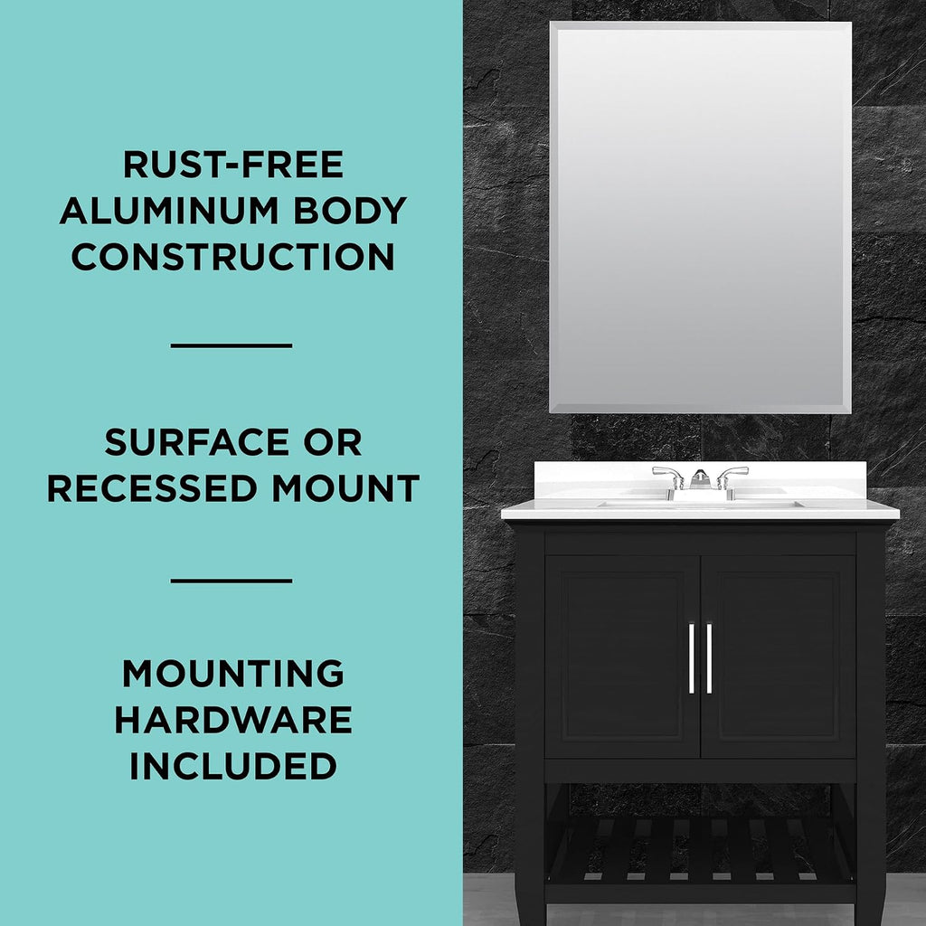 Zenna Home Bathroom Medicine Cabinet with Mirror, Frameless Bathroom Wall Cabinet with Rustproof Aluminum Body, 3 Adjustable Glass Shelves, Recessed or Surface Wall Mount Installation, 20 x 26 Inches
