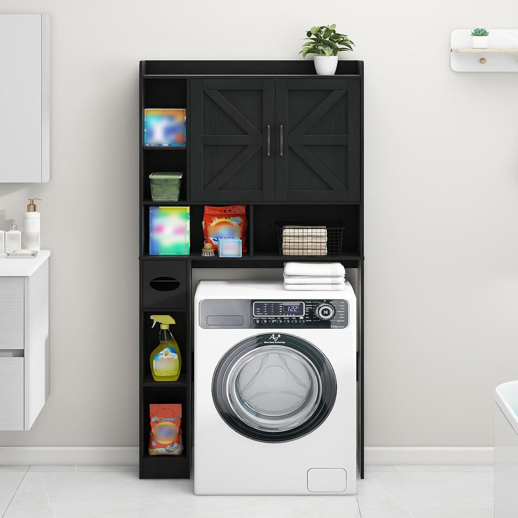 Vabches Over The Toilet Storage Cabinet, Farmhouse Storage Cabinet Over Toilet with 2 Barn Door & Toilet Paper Holder Stand, Home Space-Saving Toilet Rack, for Bathroom, Restroom (Black)