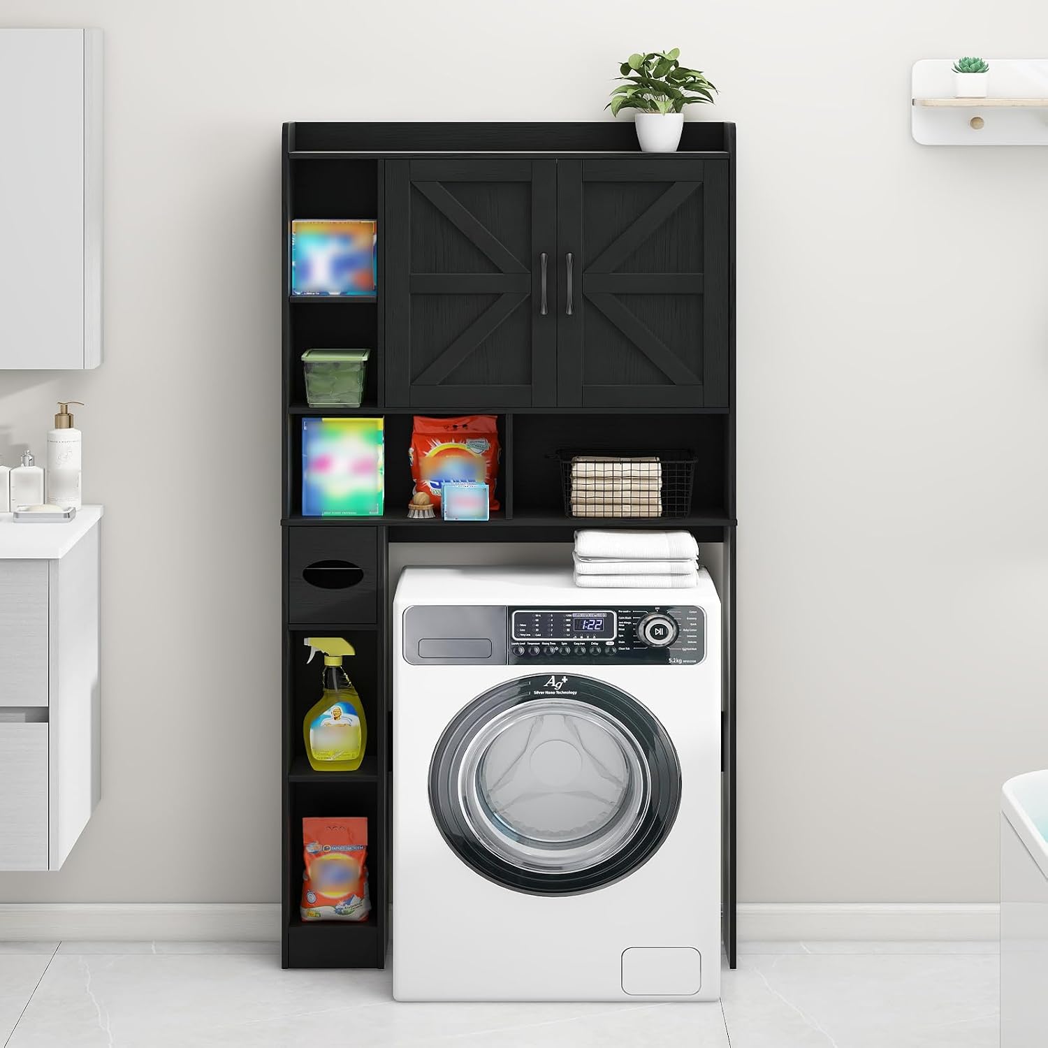 Vabches Over The Toilet Storage Cabinet, Farmhouse Storage Cabinet Over Toilet with 2 Barn Door & Toilet Paper Holder Stand, Home Space-Saving Toilet Rack, for Bathroom, Restroom (Black)