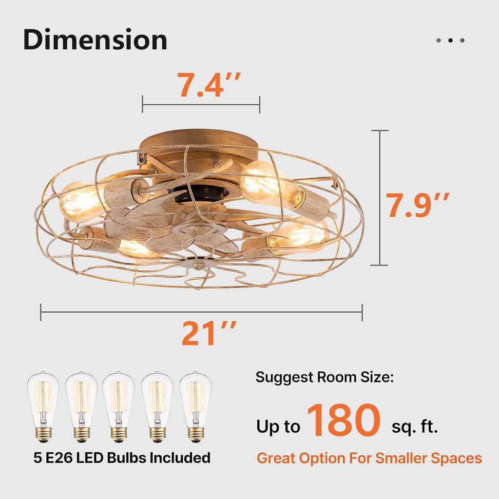 DIDER 21'' Low Profile Caged Ceiling Fan with Lights Remote Control, Include Bulbs, White Bladeless Ceiling Fan Indoor for Kitchen, Bedroom Fan, Small Modern Industrial Ceiling Light Fixture