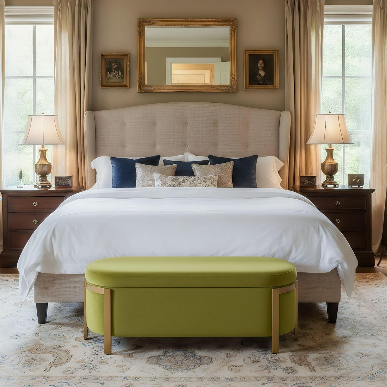 Hyfirm 48' Velvet Storage Ottoman Bench, Olive Green Upholstered End of Bed Bench with Gold Legs, Long Bedroom Bench with Hidden Storage for Living Room, Entryway, Hallway