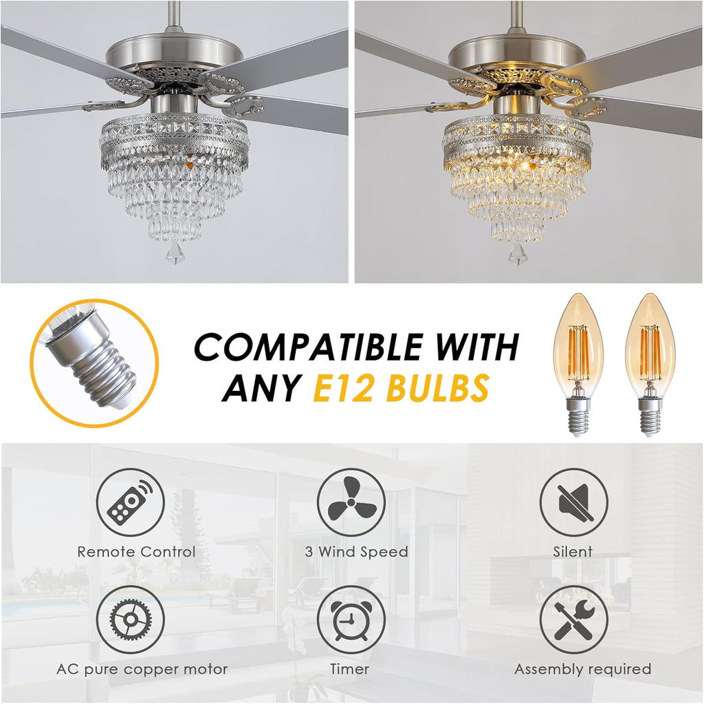 Asyko Crystal Ceiling Fan Fandelier with Lights and Remote Control，52' Modern Silver Chandelier Ceiling Fans with Reversible Blades, Silent Motor，Fandelier Ceiling Fan with Light Chrome