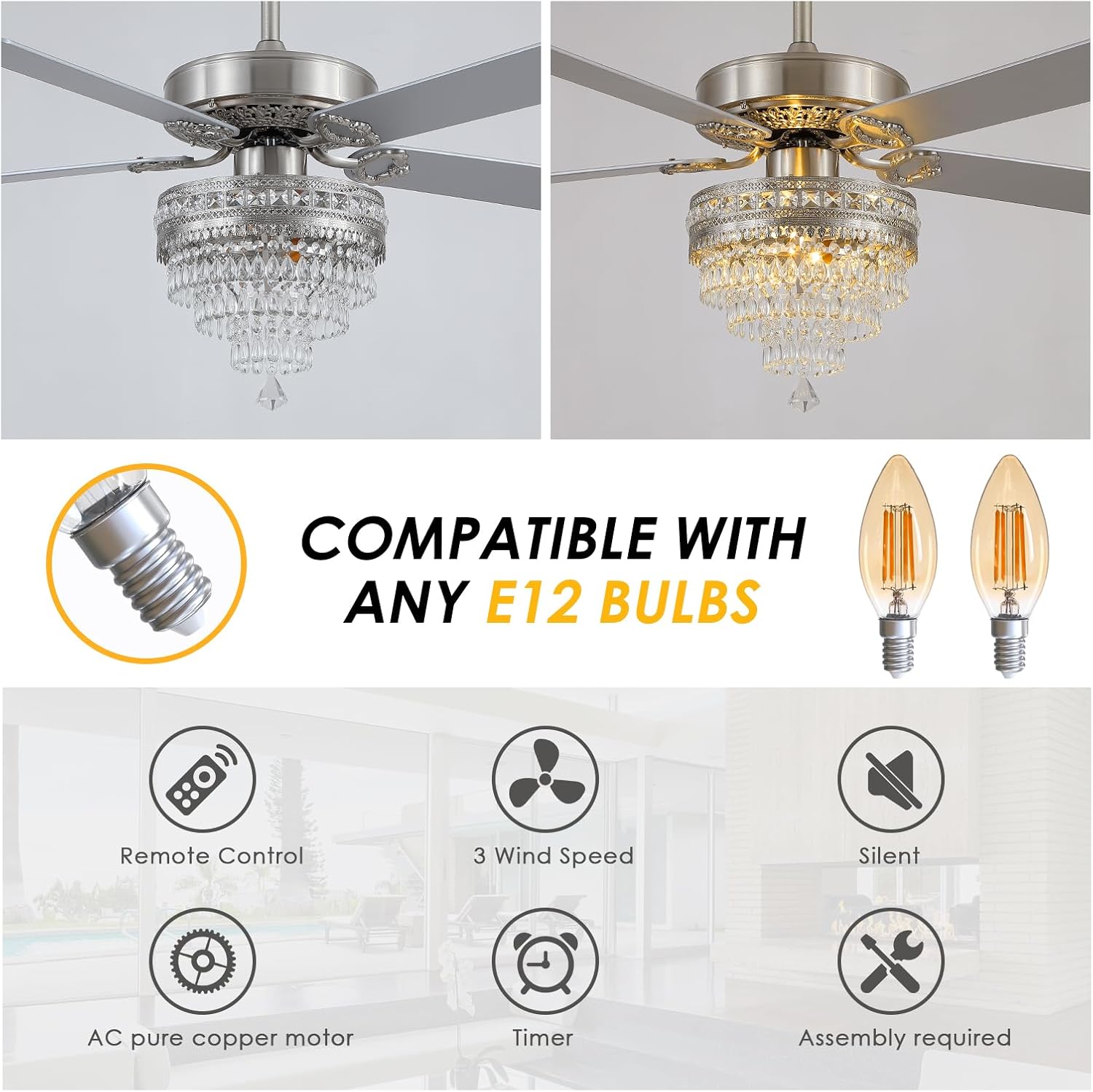 Asyko Crystal Ceiling Fan Fandelier with Lights and Remote Control，52' Modern Silver Chandelier Ceiling Fans with Reversible Blades, Silent Motor，Fandelier Ceiling Fan with Light Chrome