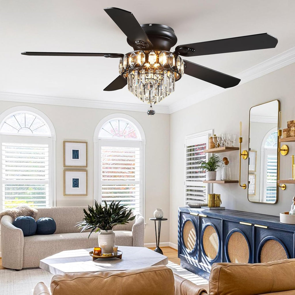 Asyko 52' Low Profile Crystal Ceiling Fan Fandelier with Lights and Remote Control- Retro/Farmhouse Ceiling Fans with Noiseless DC Motor, Flush Mount Ceiling Fan Light for Dining Room,Bedroom