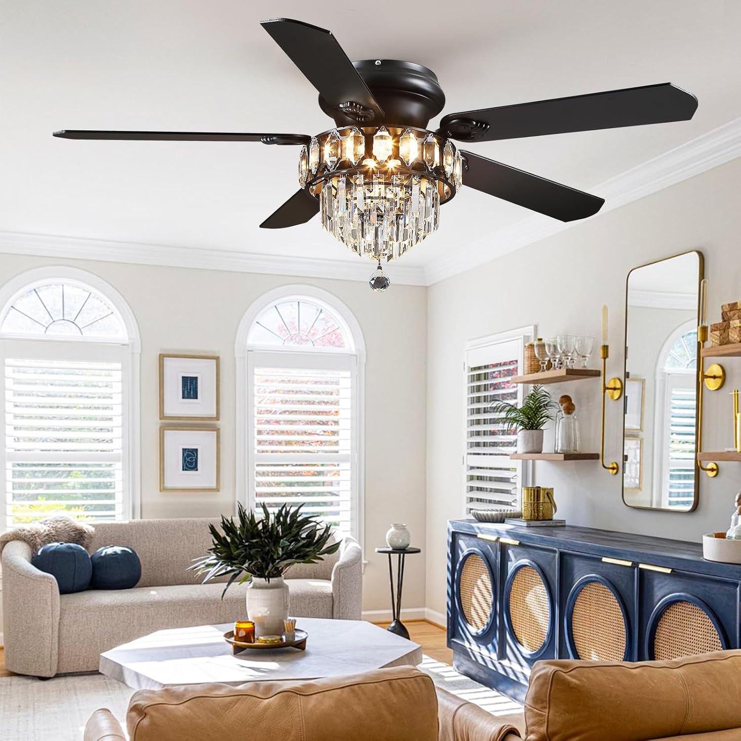 Asyko 52' Low Profile Crystal Ceiling Fan Fandelier with Lights and Remote Control- Retro/Farmhouse Ceiling Fans with Noiseless DC Motor, Flush Mount Ceiling Fan Light for Dining Room,Bedroom