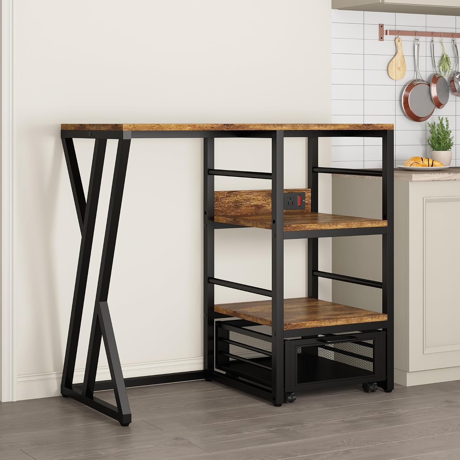 Beverage & Wine Fridge Stand with Movable Basket, Coffee Bar Cabinet with Mini Fridge Space and Power Outlet, Kitchen Storage Organizer with Worktop, Microwave Oven Stand Rack for Home, Dorm, Office