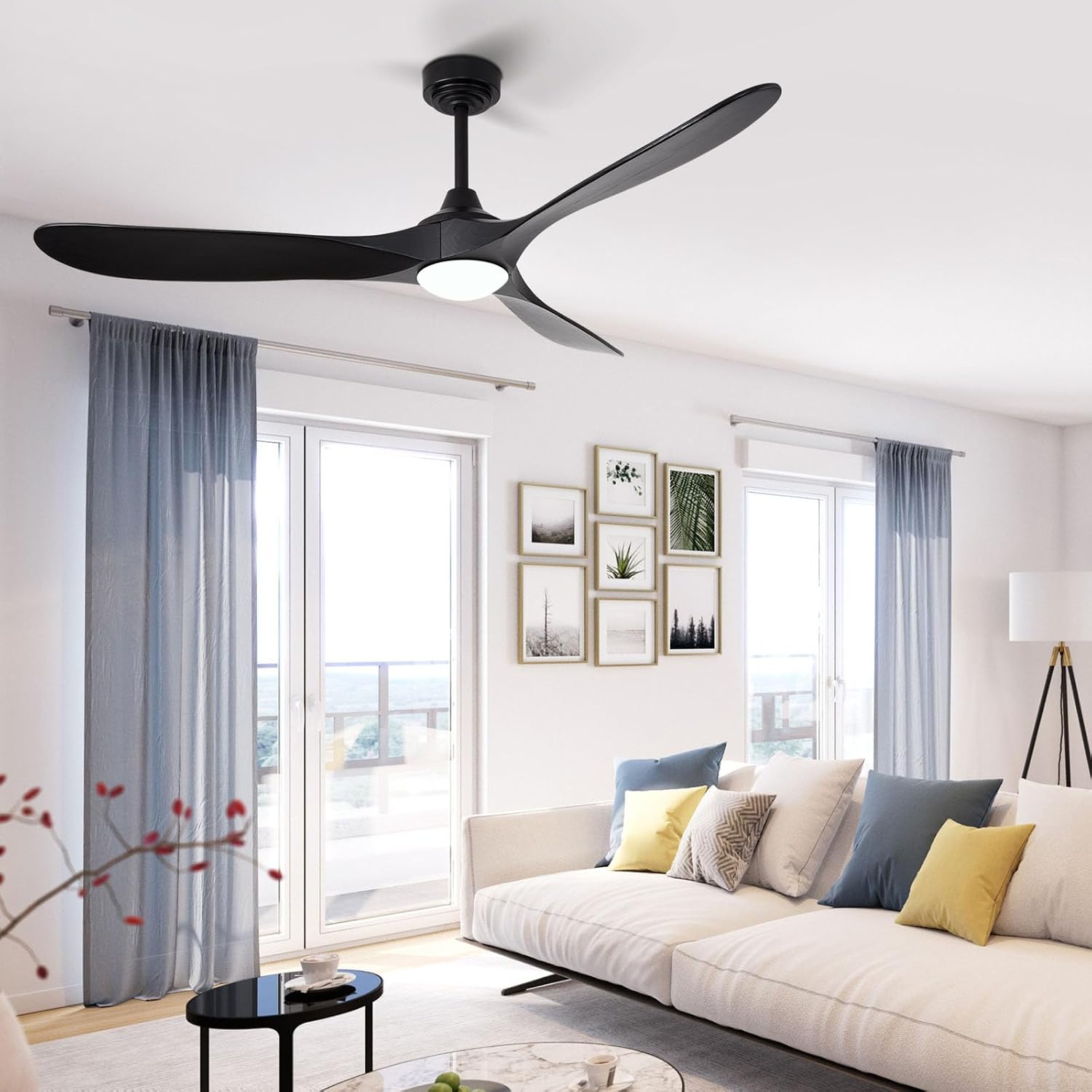 60' Outdoor Ceiling Fan with Light 3 Downrods, Smart Wood Ceiling Fan Compatible with Alexa/Google/App, 3 Blades Modern Black Wood Ceiling Fans for Kitchen Living Room Patio