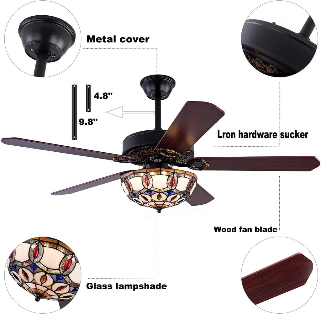 OUKANING Modern Crystal Chandelier Ceiling Fan Gorgeous Reversible Rural Retro Fandelier Light Fixture with Remote for Bedroom Living Room Kitchen
