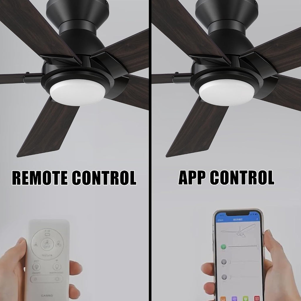 CEME Smart 48' Ceiling Fans with Lights Flush Mount, 3 Light Colors Dimmable, 10 Speeds DC Ceiling Fan with Remote, Outdoor Ceiling Fan Compatible with Alexa, Siri & Google Home, Wood & Dark Walnut