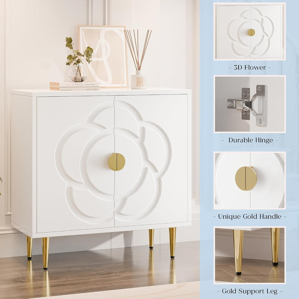 TOLEAD Storage Cabinet, Modern Cabinet with Decorative Flower Pattern Doors, Accent Sideboard Buffet Cabinet for Hallway, Living Room, Kitchen, White