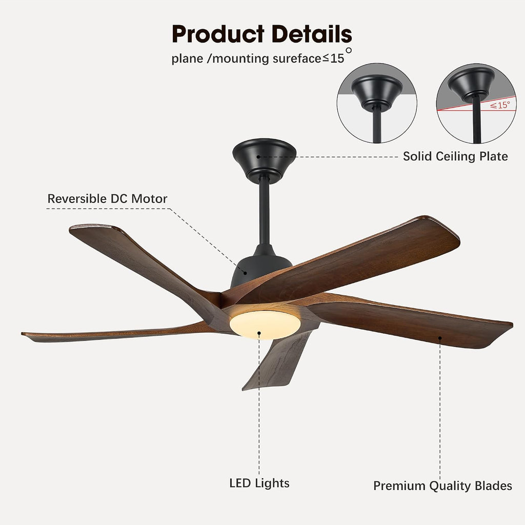 52' DC Ceiling Fan with Light, 5 Solid Wood Blades, Remote and APP Control, 3-color Dimmable, 6-speed Reversible, Quiet Ceiling Fan for Bedroom, Living Room, Dark Walnut