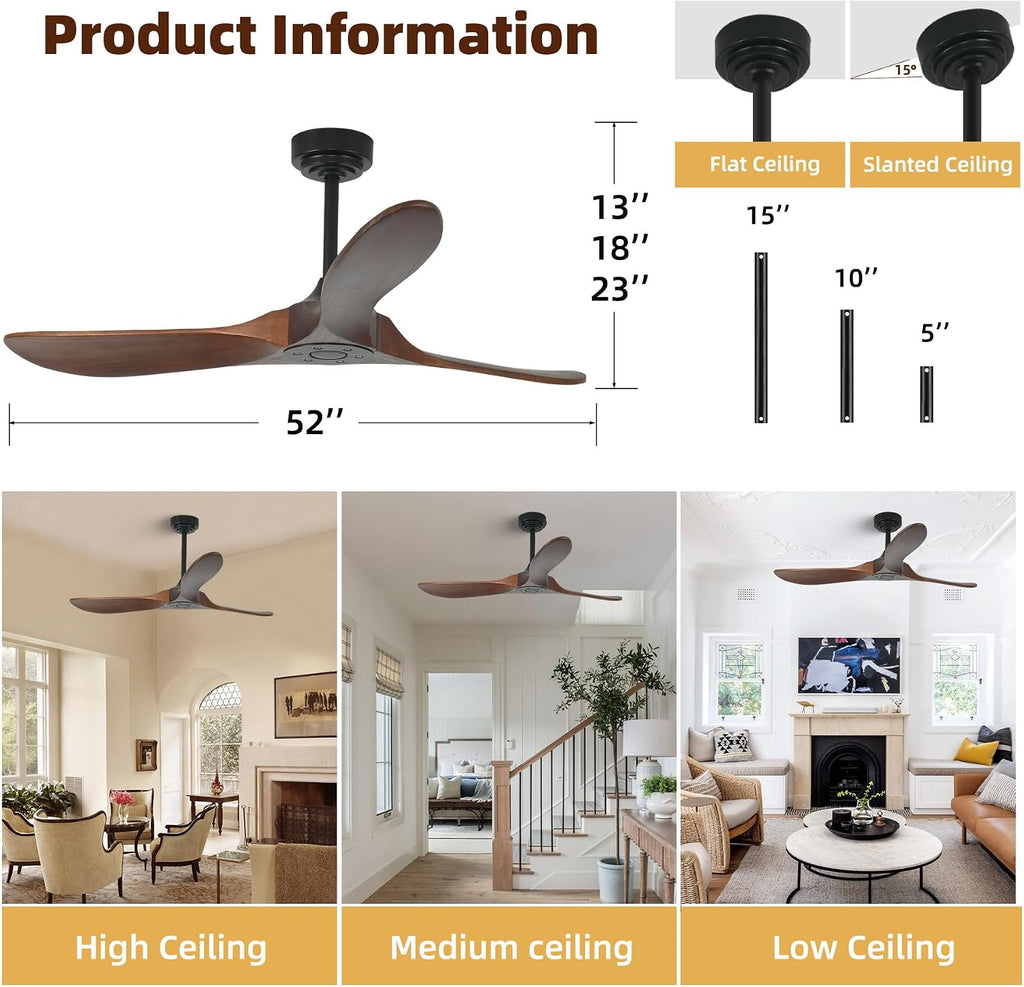 Smart Ceiling Fan no Light, 52 Inch Outdoor Ceiling Fan Without Light, Compatible with Alexa/Google/App, 3 Solid Wood Blades, Modern Wood Fan for Patio, Bedroom, Living Room,Dark Walnut