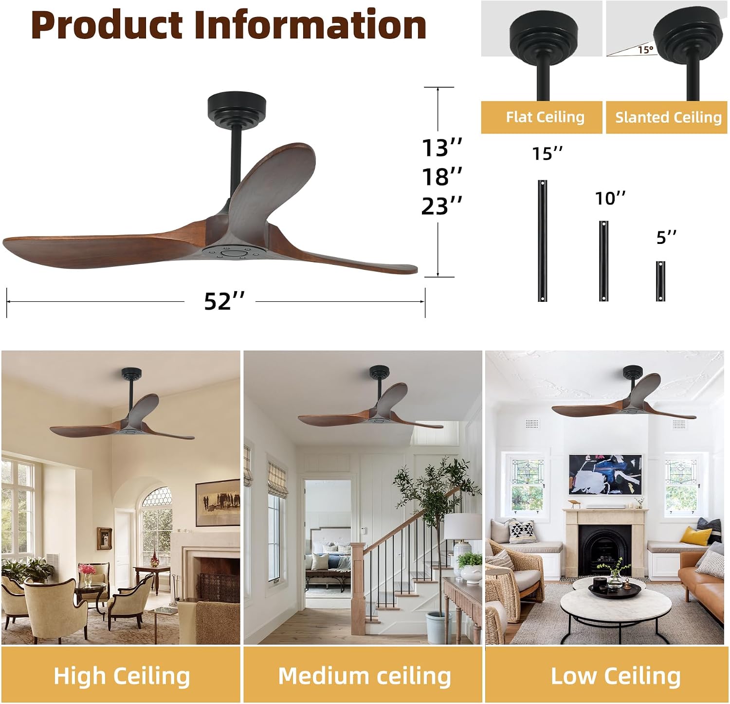 Smart Ceiling Fan no Light, 52 Inch Outdoor Ceiling Fan Without Light, Compatible with Alexa/Google/App, 3 Solid Wood Blades, Modern Wood Fan for Patio, Bedroom, Living Room,Dark Walnut