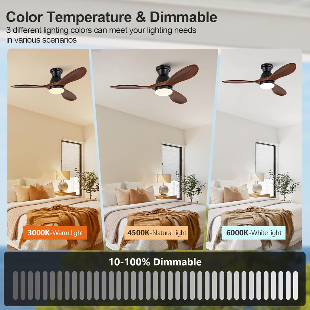 42 Inch Flush Mount Ceiling Fans with Lights and Remote, Dimmable 3 Blades Wood Bedroom Ceiling Fan with Lights Low Profile Ceiling Fan with Light Black Outdoor Ceiling Fans for Patios Living Room