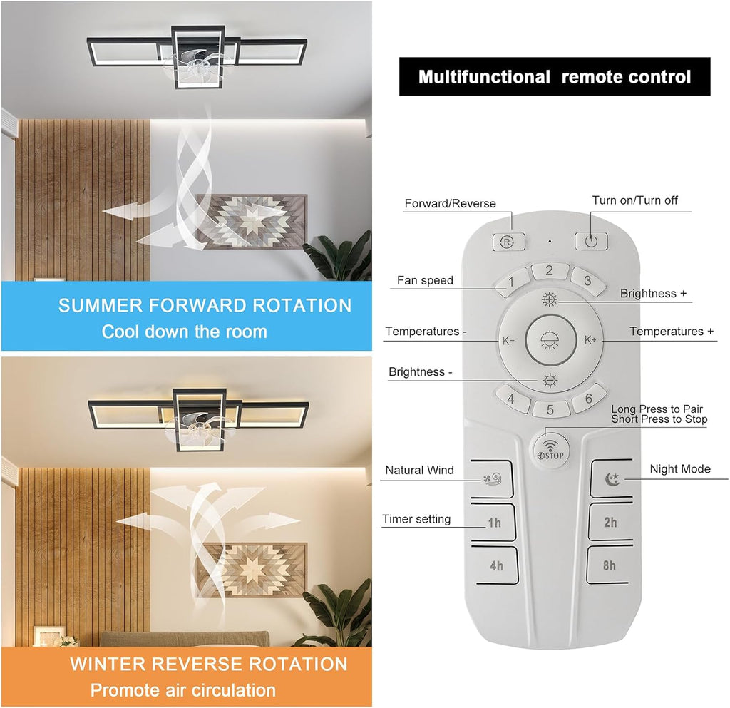 GEADI Modern Ceiling Fan with Light,Dimmable Flush Mount Ceiling Fans with Lights and Remote,35.4' Black Led Fandelier,Low Profile Ceiling Fan for Bedroom,Kitchen（6-Speed,Timing,3000-6000k）