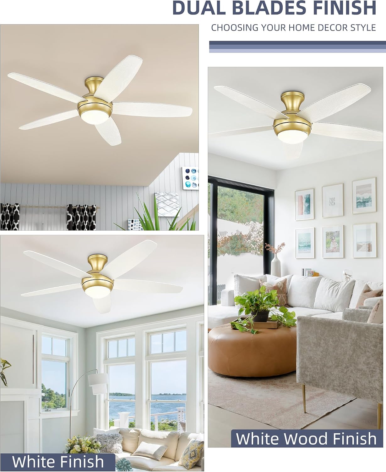 YOUKAIN 52'' Low Profile Ceiling Fan With Light, Gold Flush Mount Ceiling Fan, 6 Speeds DC Reversible Motor, Outdoor Indoor Modern Smart Ceiling Fans Work With WIFI App, 52-YJ236-GD